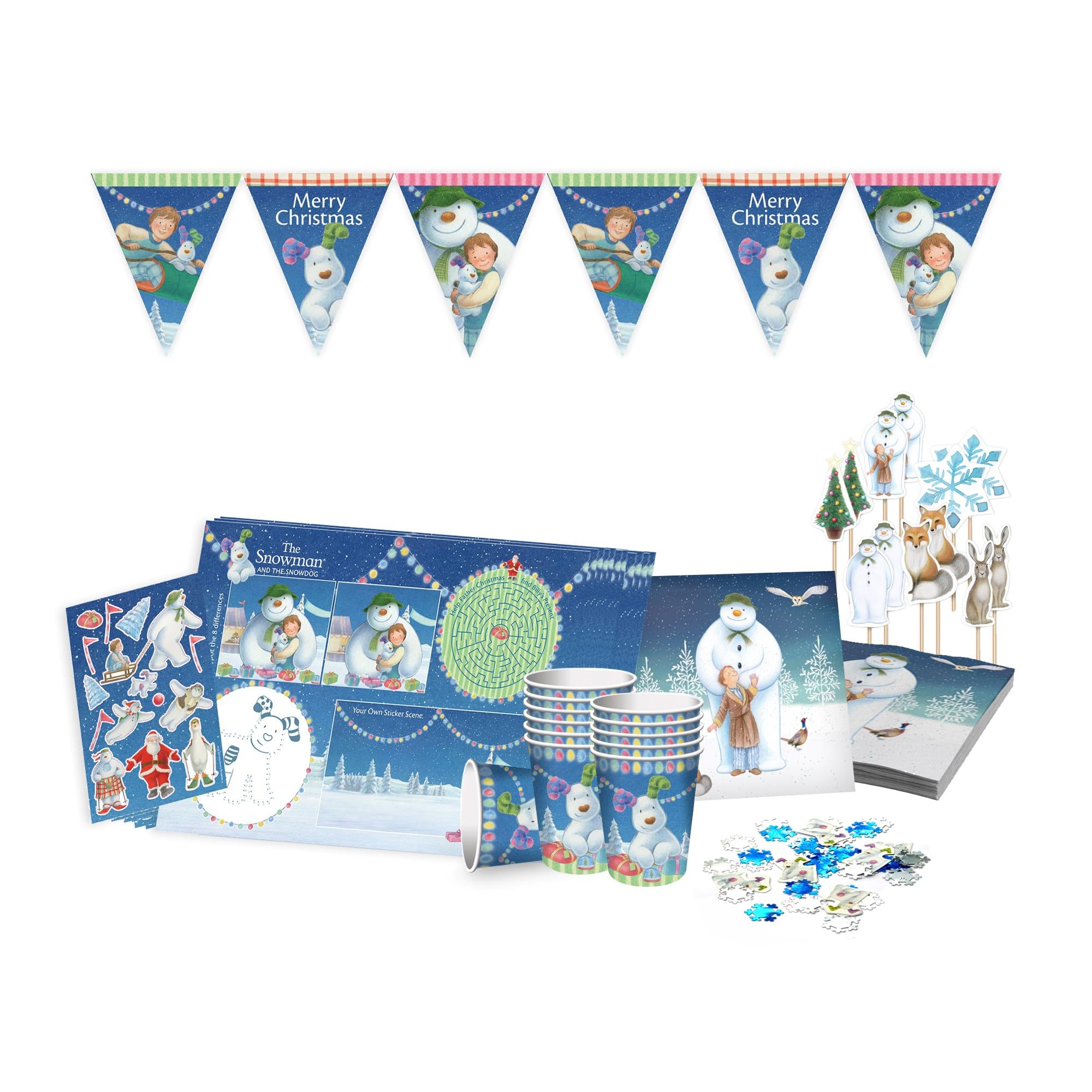 Creative Party 46 Piece The Snowman and The Snowdog Christmas Party Tableware Set with Plates, Cups, Banner, Bunting, and Kids Activity Placemats, Blue, AMZ012