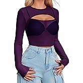 Avidlove Women Mesh Crop Top Long Sleeve Tee Shirt Sheer Blouse Cutout Clubwear