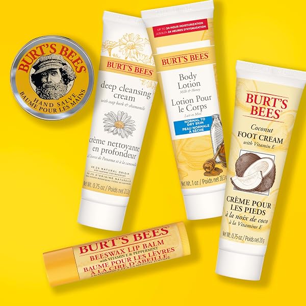 BURT’S BEES GIFTS IDEAS – ESSENTIAL EVERYDAY BEAUTY SET, 5 TRAVEL SIZE PRODUCTS – DEEP CLEANSING CREAM, HAND SALVE, BODY LOTION, FOOT CREAM AND LIP BALM