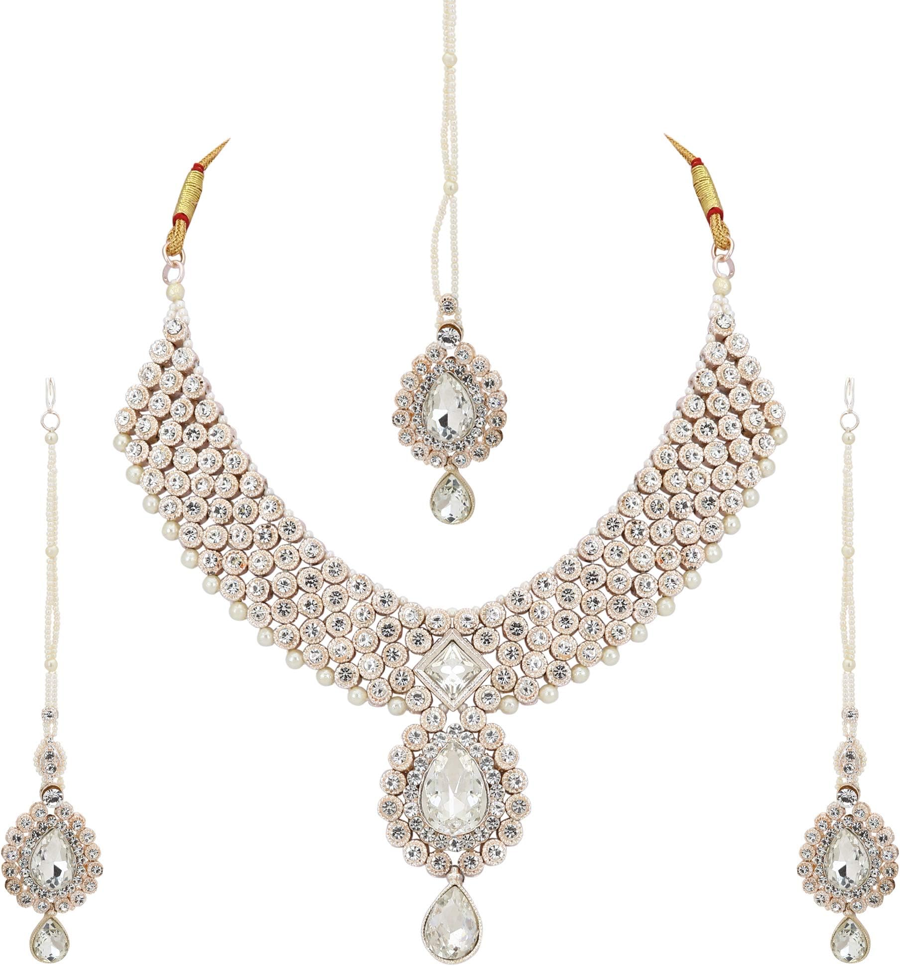Charming Jewels Exclusive Rose Gold Plated Stone Studded Jewellery Set with Maang Tikka for Women/Girls