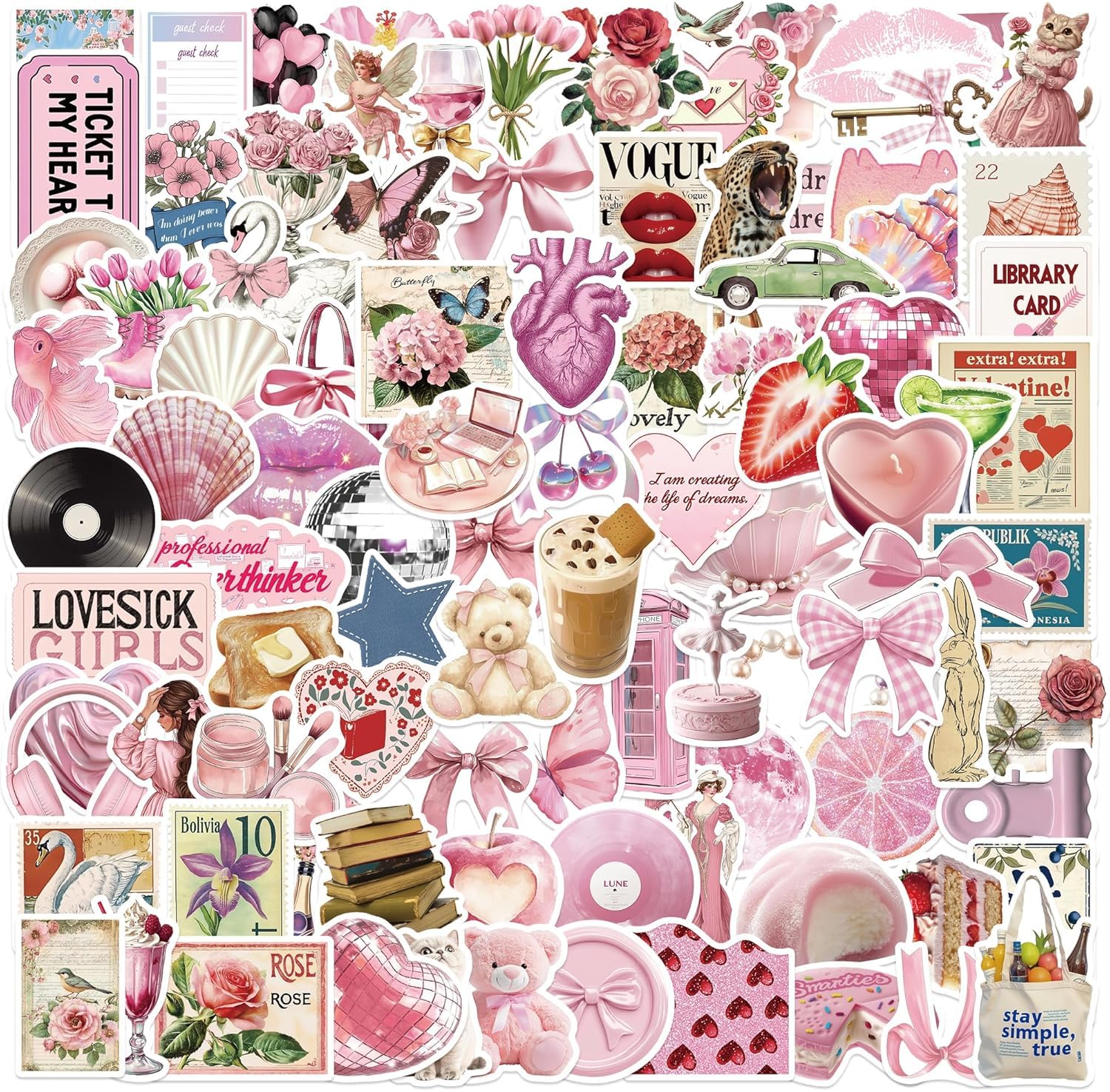 100pcs Coquette Stickers Vintage Pink Aesthetic, Waterproof PVC Laptop Stickers for Water Bottles, Scrapbook, Phone, Guitar, Computer Decals - No Repeat Patterns
