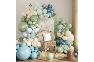 CROSSFINGERS Dusty Blue Sage Green Balloon Arch Kit, 124Pcs Fog Blue Light blue Green Sand White Balloons Different Size for Baby Shower Bridal Shower Anniversary Birthday Party Decorations
