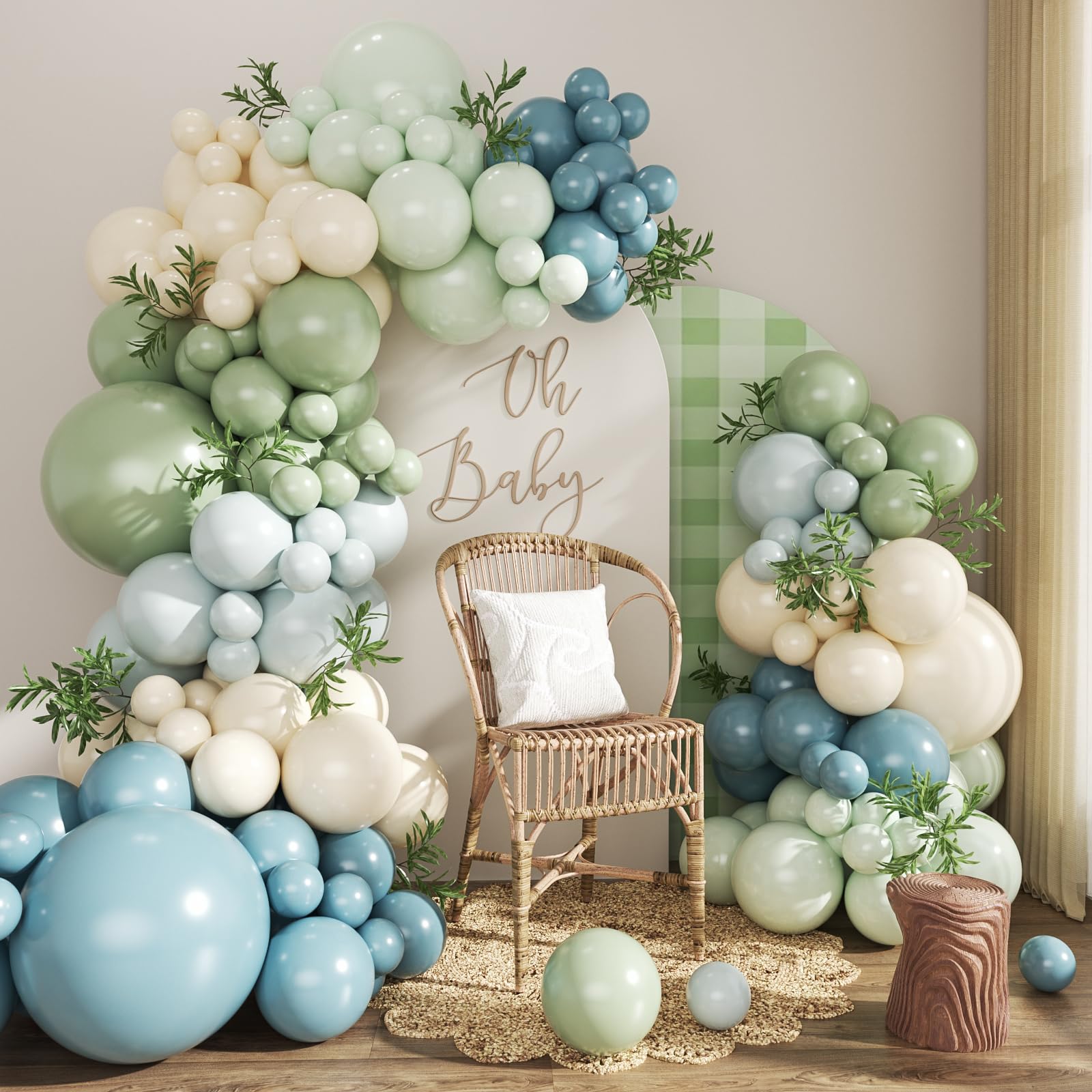Photo 1 of Dusty Blue Sage Green Balloon Arch Kit, 124Pcs Fog Blue Light blue Green Sand White Balloons Different Size for Baby Shower Bridal Shower Anniversary Birthday Party Decorations