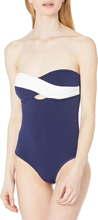 Shoshanna Women S Faille Bandeau Combination Zip One Piece Swimsuit Navy 2 At Amazon Women S Clothing Store