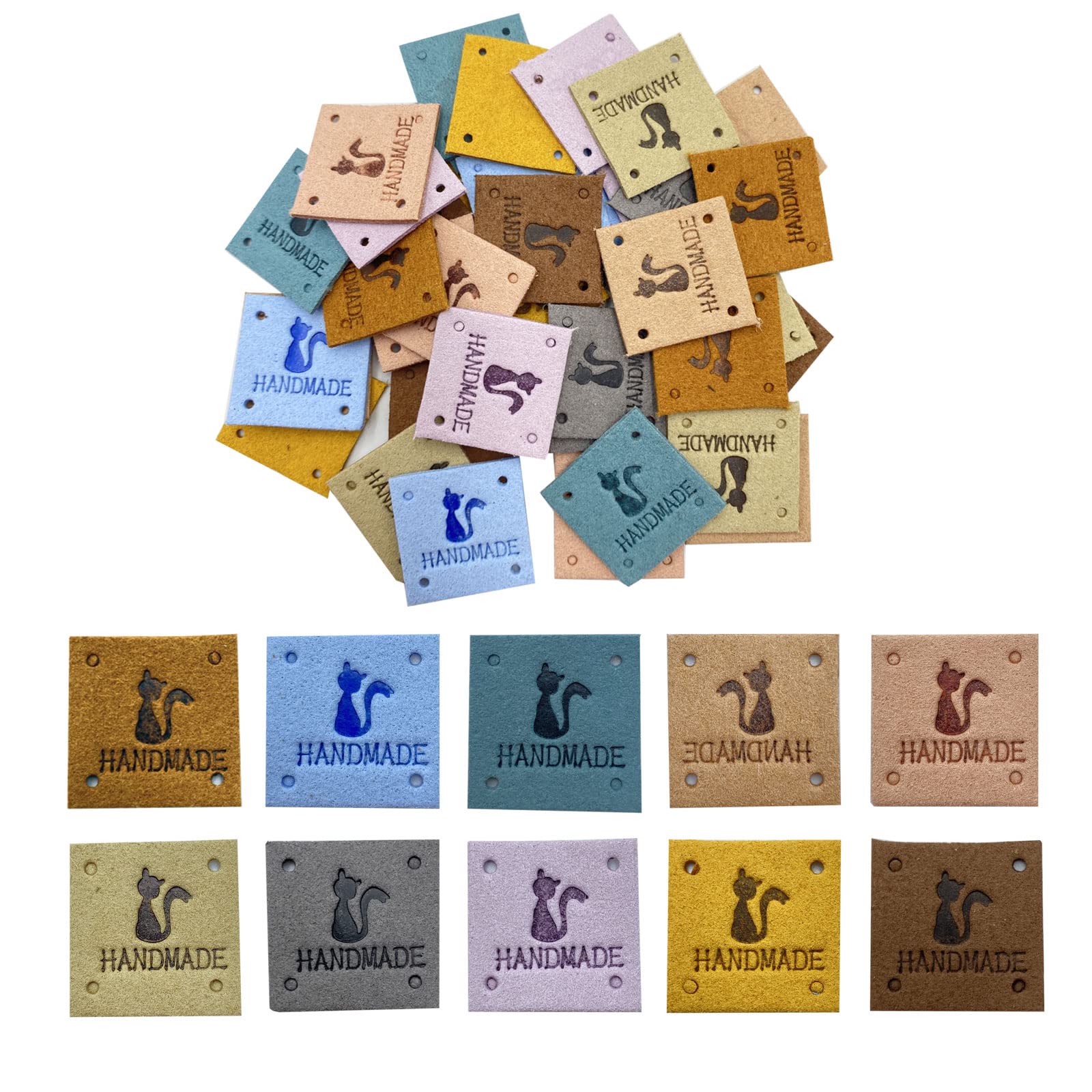 WiYould 40 Pcs PU Leather Label Faux Leather Handmade Sew on Tag Label Handmade Embossed Tag Embellishment Crochet Knit DIY Jeans Bags Shoes Hat Apparel Accessories(Cat, 10colors)