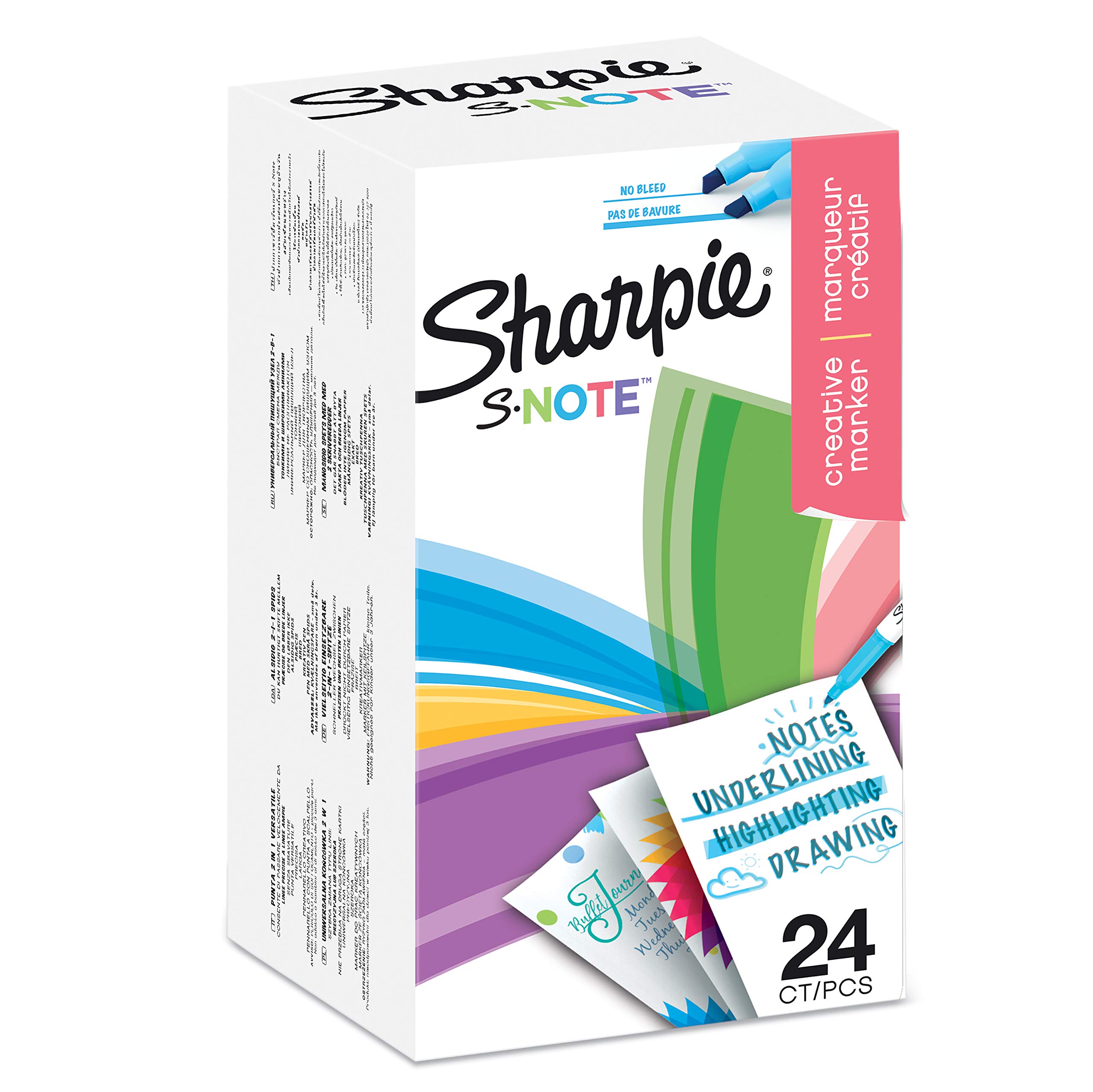 Sharpie S-Note Highlighter Pens, Part Art Marker, Part Highlighter to Draw, Write and More, Chisel Tip, Assorted Pastel Colours, 24 Count