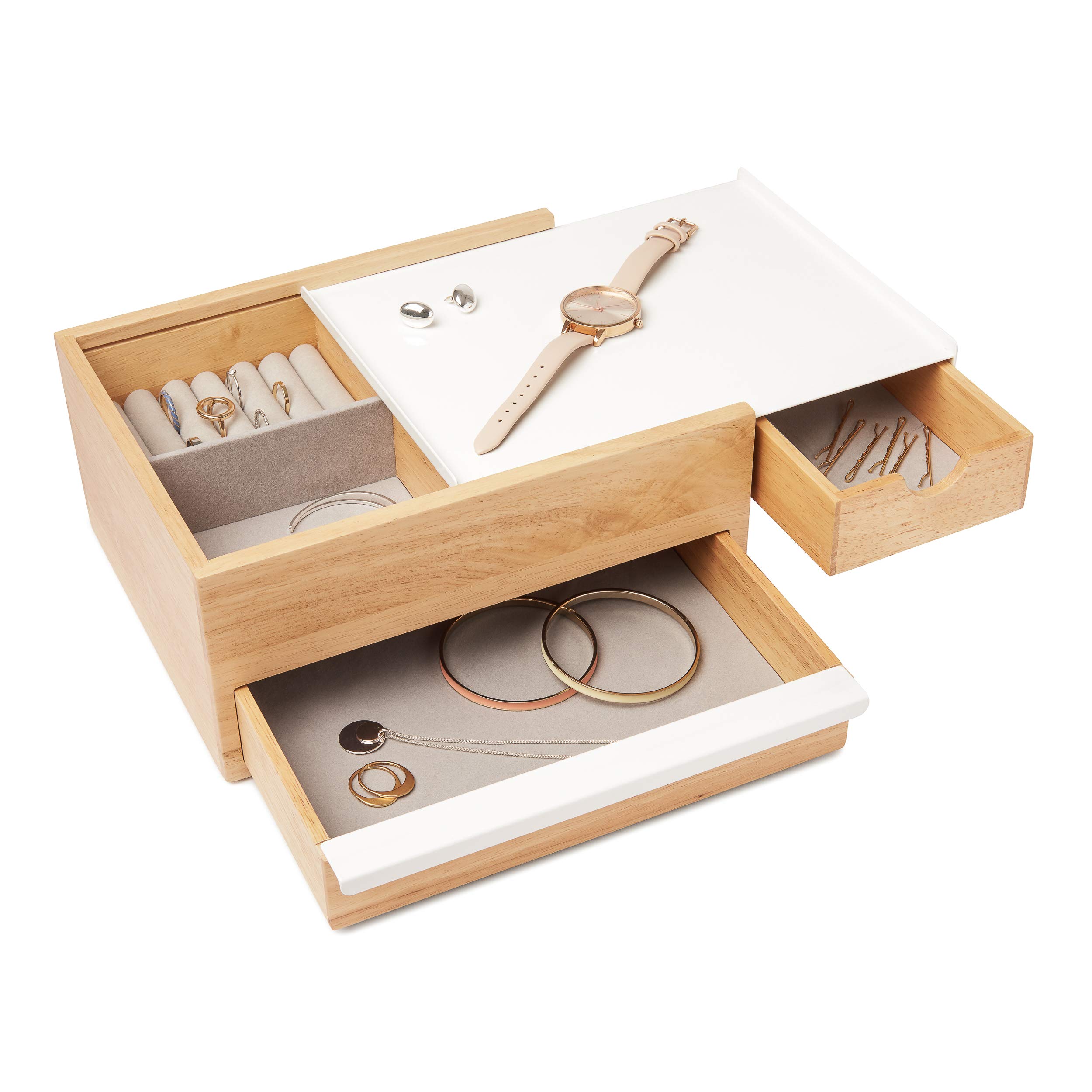 Umbra Stowit Jewelry Box - Modern Keepsake Storage Organizer with Hidden Compartment Drawers for Ring, Bracelet, Watch, Necklace, Earrings, and Accessories, White/Natural