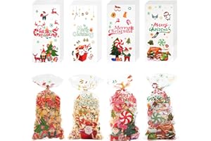 ONFAON Christmas Cellophane Treat Bags, 180pcs Christmas Treat Bags with 200pcs Twists for Snacks Cookies Candy Packing, Goodie Bags Party Supplies
