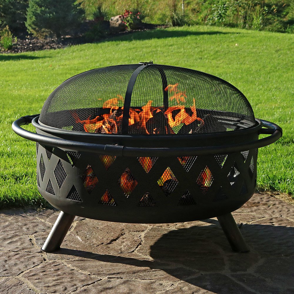 Sunnydaze Crossweave Outdoor Fire Pit - 36 Inch Large Bonfire Wood Burning Patio & Backyard Firepit for Outside with Spark Screen, Poker, and Round Fireplace Cover, Black