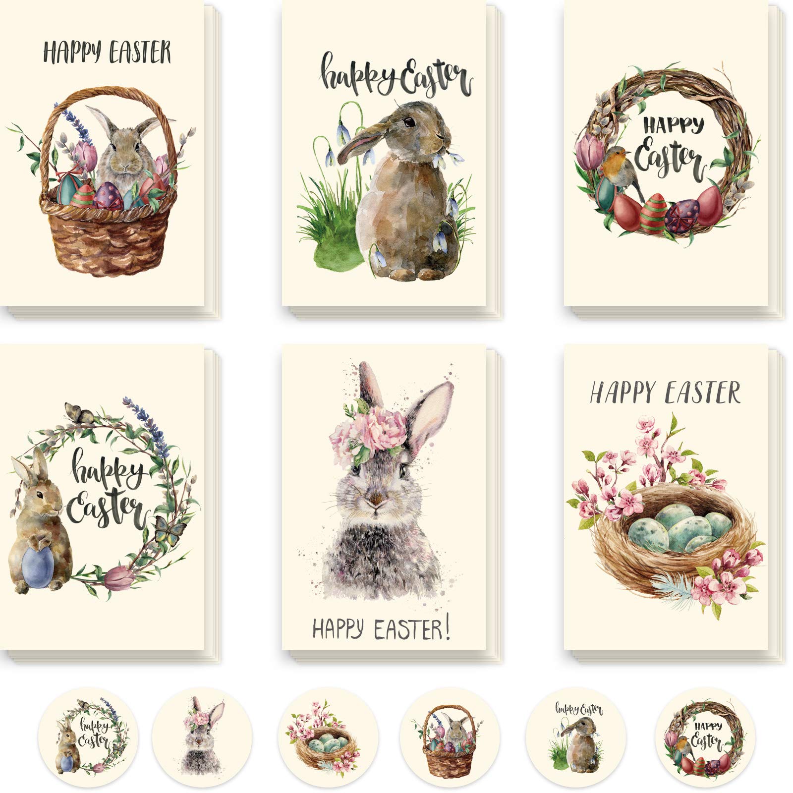 Whaline 30 Pack Vintage Easter Cards Kit with Envelopes and 30Pcs Adhesive Stickers Colorful Greeting Cards in 8 Designs Bunny Eggs Note Card for Classroom Exchange Easter Party Supplies