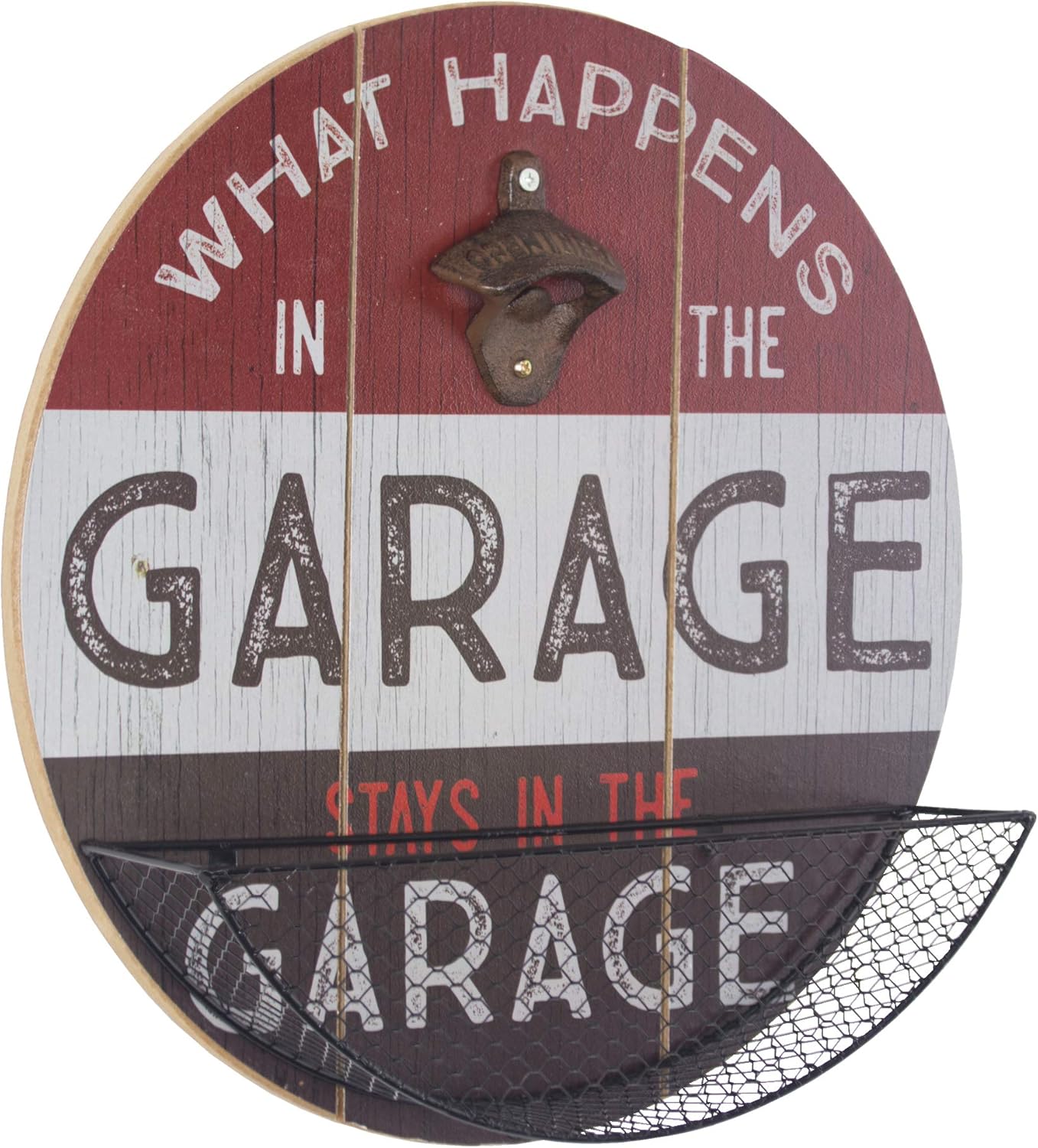 What Happens in the Garage Bottle Opener and Cap Catcher Wall Decor for Bar, Garage or Man Cave