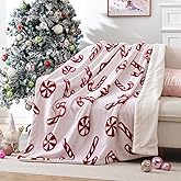 JANZAA Christmas Blanket, Pink Blanket for Couch, Fleece Throw Blanket with Candy Cane Pattern, Tufted Soft Microfiber Bed Blanket, 50" x 60"
