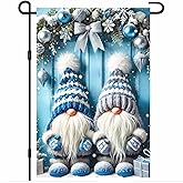 BlissYard Christmas Garden Flag 12x18 Inch Welcome Blue Gnome Twins Yard Flag Double Sided Holiday Outdoor Banner with Nordic Hats and Snowy Doorway for Winter Porch Lawn Patio