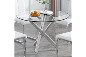 HAIZAO Round Glass Dining Room Table for 2 to 4 Person Modern Tempered Glass Top, Sturdy Chrome Legs, Adjustable Foot Pads, Kitchen Table for Living Room, Dining Room, Tea, Home, 39.37 Inch, Silver Base