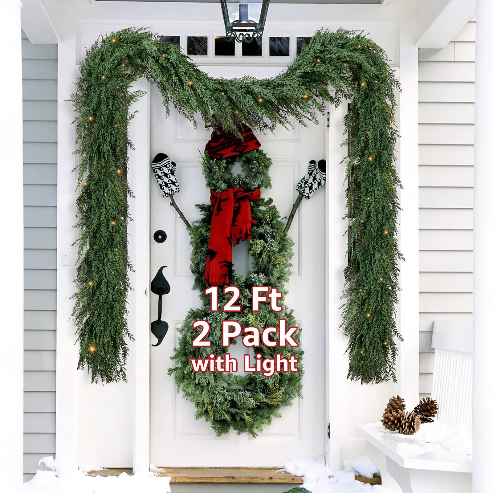 Photo 1 of Christmas Cedar Garland Realistic with Lights - 2 Pack Cypress Decorations 12ft for Mantle Lighted Faux Pine Garlands for Home Indoor Stairs Railing Fireplace 12 Ft Outdoor Prelit Door Decor
