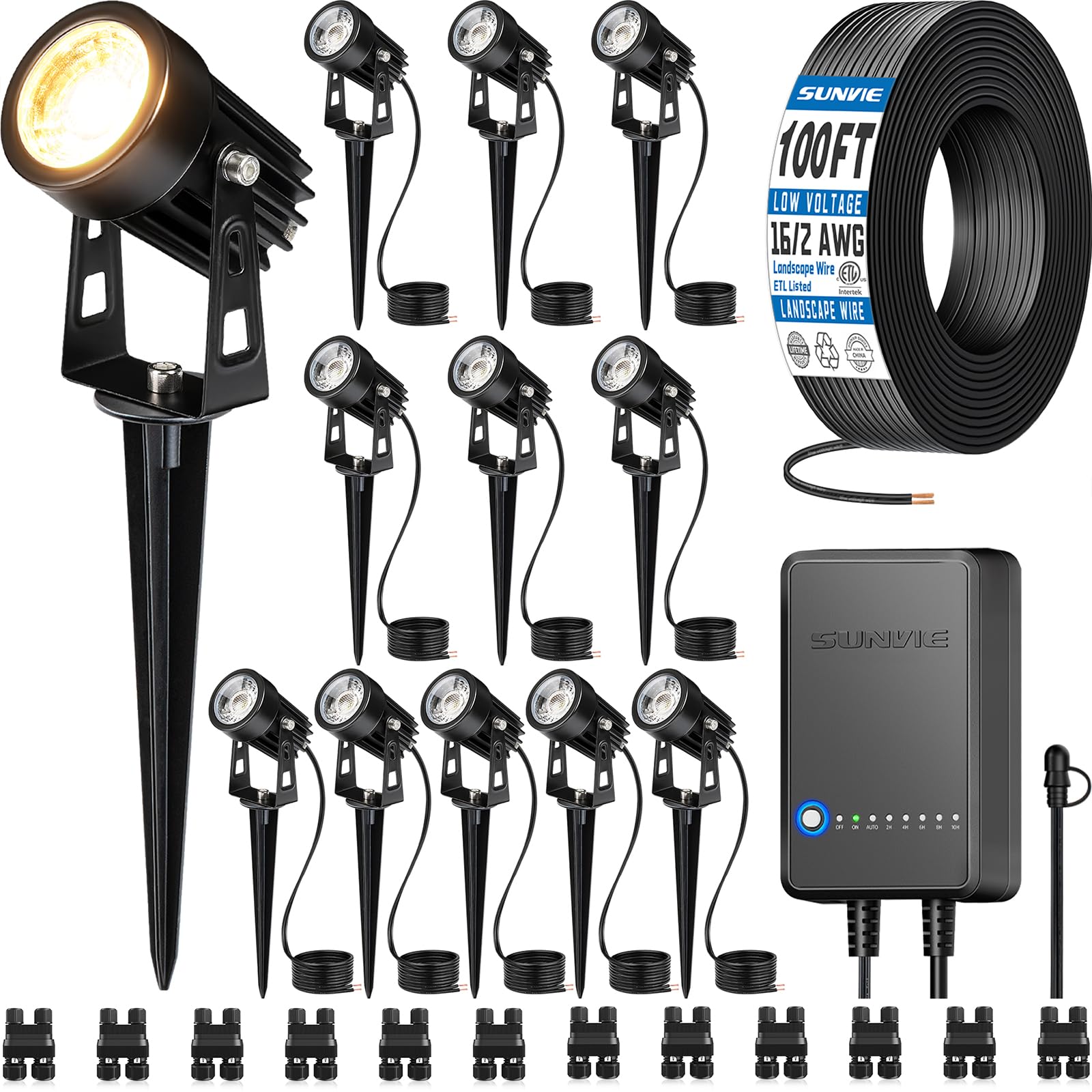 Photo 1 of SUNVIE All-in-One LED Low Voltage Landscape Lighting Kit, 12-Pack Landscape Lights with Transformer 100FT Wire and Connectors, 3000K Waterproof Low Voltage Landscape Lights for Garden Yard House Tree