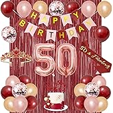 Trgowaul 50th Birthday Decorations for Women, Burgundy Red Rose Gold 50th Birthday Party Supplies, Banner, Sash and Crown, Cake Topper, 50 Number Balloon, Fringe Curtains, 50 Year Old Decoration Set