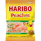 HARIBO Peaches Sugar Coated Gummy Candy, 5 oz. Bag | Soft, chewy peach gummies with juicy peach flavor and a sweet sugar coating. Fruity gummy candy for sharing.