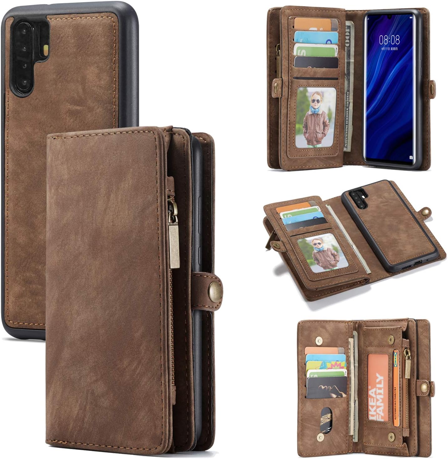 KelaSip Compatible with Huawei P30 Pro Leather Wallet Phone Case,Premium Zipper Flip Wallet Case Cover with Detachable Magnetic Hard Case,Brown
