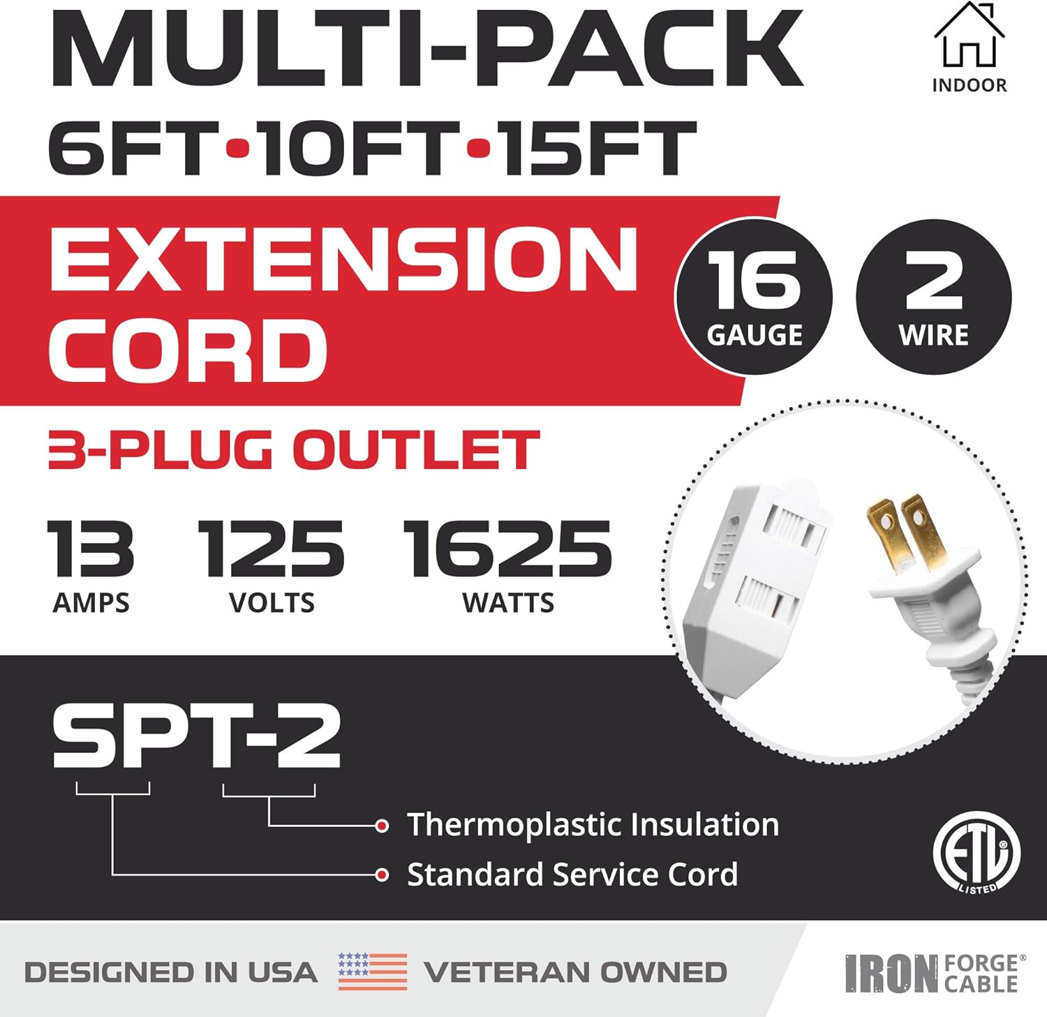 White Extension Cord 3 Pack, 6ft 10ft & 15ft - 16/2 Durable Electrical Cable: Home Audio & Theater