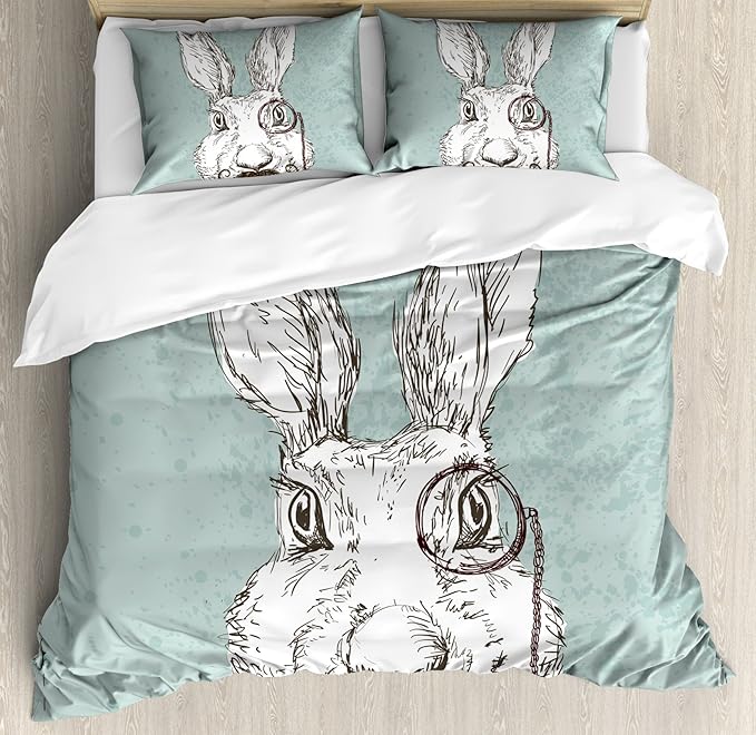 Lunarable Rabbit Duvet Cover Set, Vintage Style Hand Drawn
