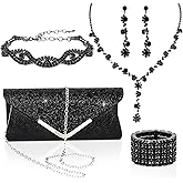 ACO-UINT 5 Pieces Black Clutch Purse Rhinestone Jewelry Sets for Women Prom Necklace Earrings Bracelet Ring Bling Glitter Purse Formal Jewelry for Women Evening Wear