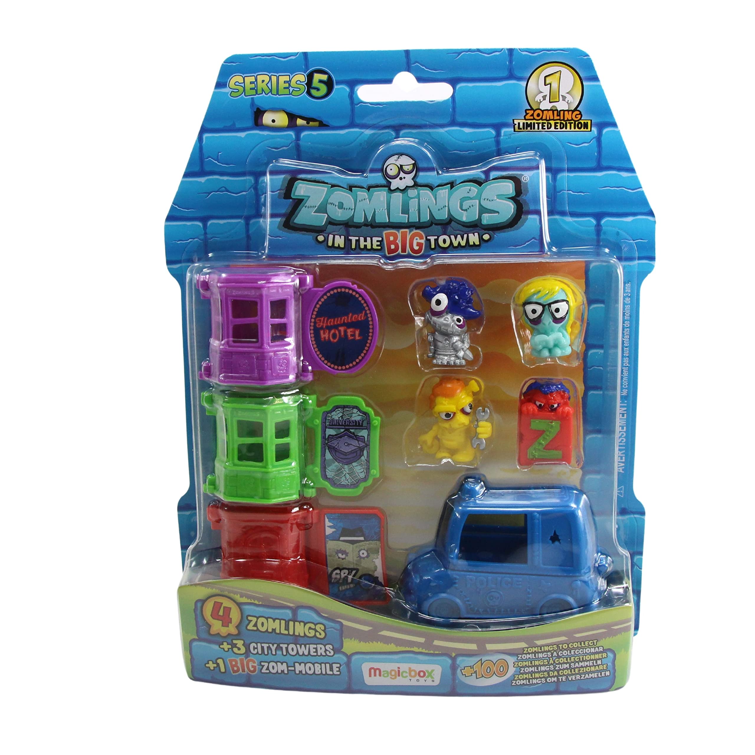 ZOMLINGS in the BIG Town Blister Pack Series 5 - Police Car Zom Mobile, 3 City Towers & 4