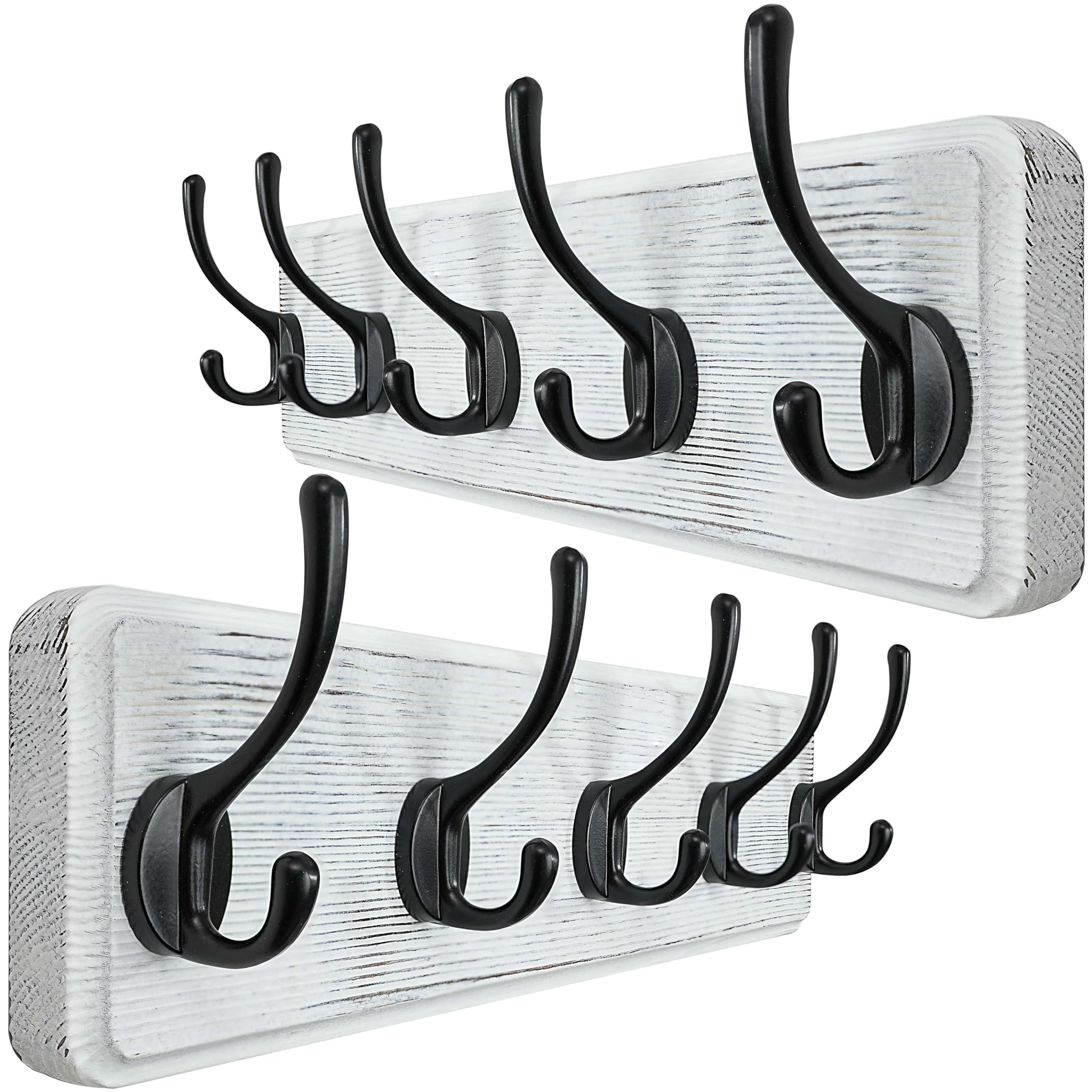 WEBI Coat Rack Wall Mounted,Wood Coat Hooks Wall Mounted,16" Hole to Hole,Large Coat Hanger Wall Hook Rack,5 Hooks for Hanging Coats,Hats,Jacket,Clothes,Entryway,Rustic White,2 Packs