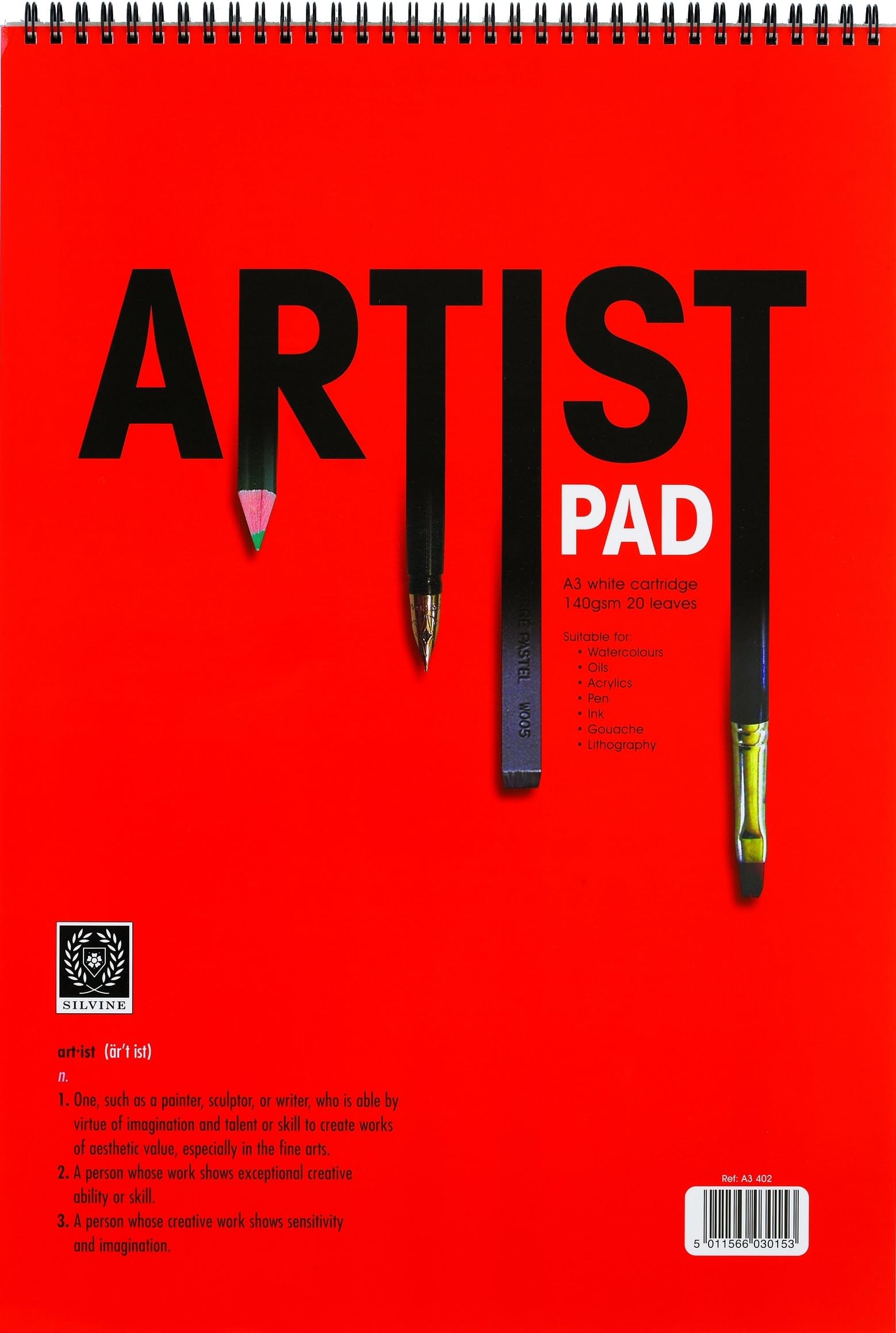 Premium quality artist's spiral pad A3 140gsm paper 20 sheets - for sketching / technical drawing / watercolours / acrylic / gouache / ink / children / painting