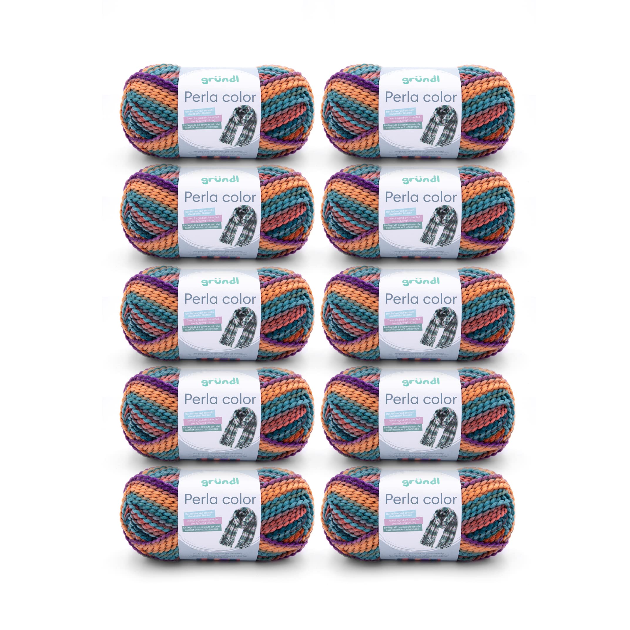 Gründl Perla Colour Wool (Wool-Like Hand Knitting Yarn 100% Polyester, 100 g / 90 m, Needle Size: 8-9, 10 x 100 g), Orange/Red/Petrol/Purple