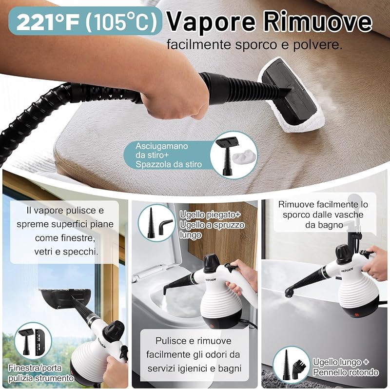 Pulitrice a Vapore Portatile, Steam Cleaner con 10 Accessori