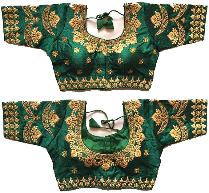 Women's Green Colour Round Neck Front Back Floral Embroidery and Handwork Gold thread Silk Readymade Blouse For Saree and Lehenga Choli(38+margin)