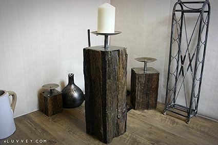 Rustic Wooden Floor Standing Pillar Candle Holder Large