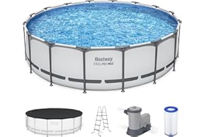 Bestway Steel Pro MAX 16 Foot x 48 Inch Round Metal Frame Above Ground Outdoor Swimming Pool Set with 1,000 Filter Pump, Ladder, and Cover