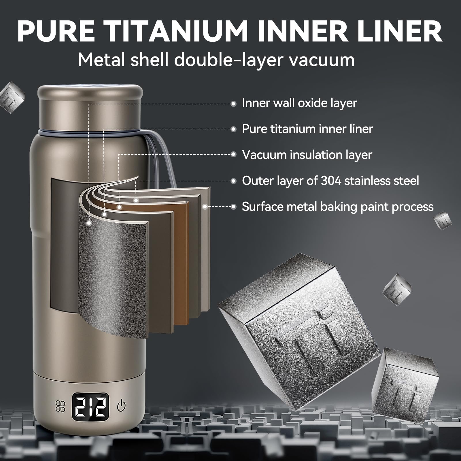 Hervidor de viaje de titanio puro, hervidor eléctrico portátil de doble voltaje, 110 V-240 V, caldera de agua pequeña inteligente para té y café, 12 controles de temperatura, apagado automático y protección de ebullición en seco (gris, 520 ml)