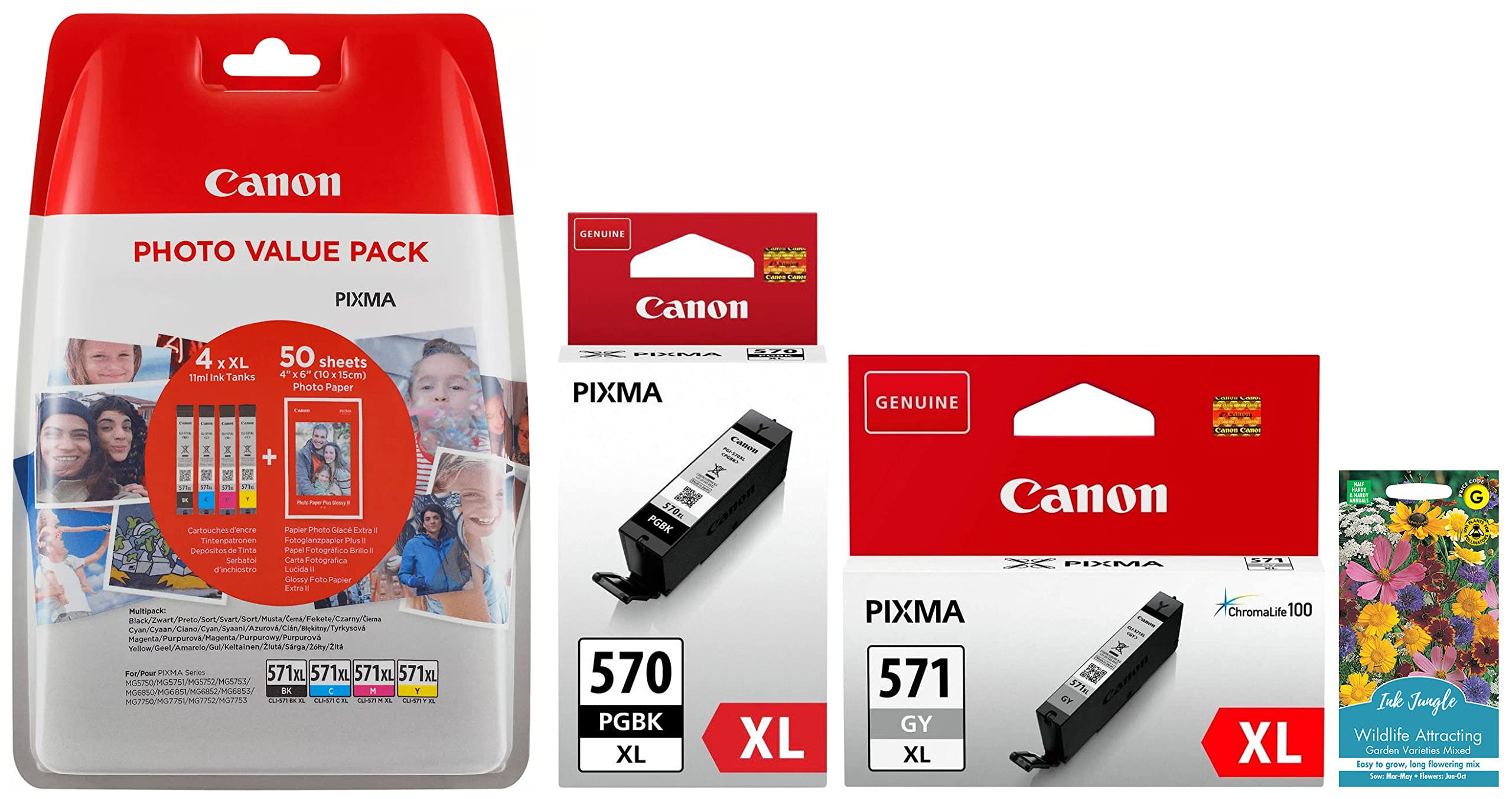 Ink Jungle Set of 6 PGI570XL Black CLI571XL Black Cyan Magenta Yellow Grey Ink Cartridge Pack For Canon PIXMA MG7750 MG7751 MG7752 MG7753 TS9050 TS8050 TS8051 TS8052 TS8053 Printers Wildflower Pack