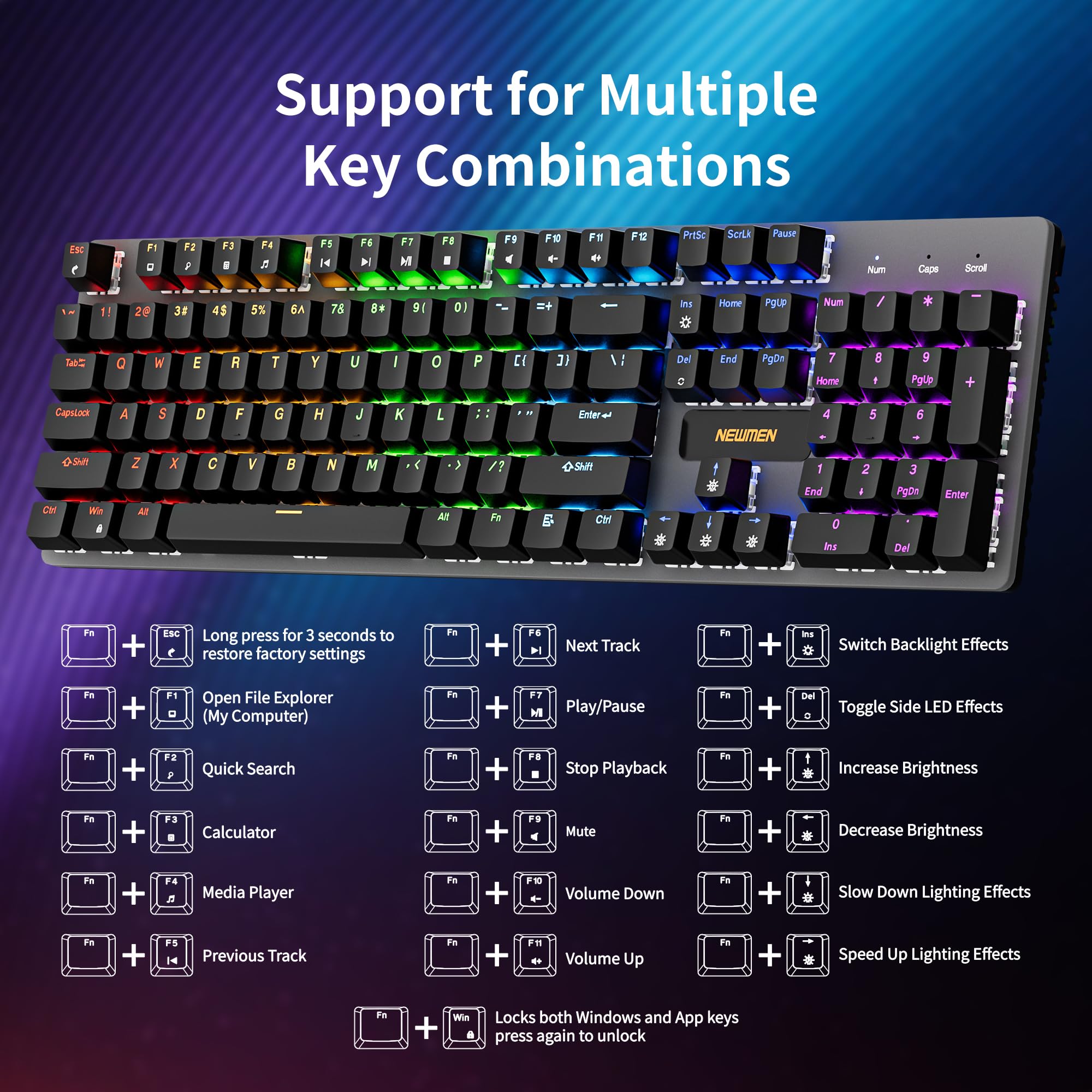 Newmen GM325Pro Mechanical Keyboard,104 Keys Rainbow LED Backlit Wired Gaming Keyboards,Hot-Swap Metal Panel ABS Black Keycaps Gaming Mechanical Keyboard for Windows Laptop PC Linear Red Switches