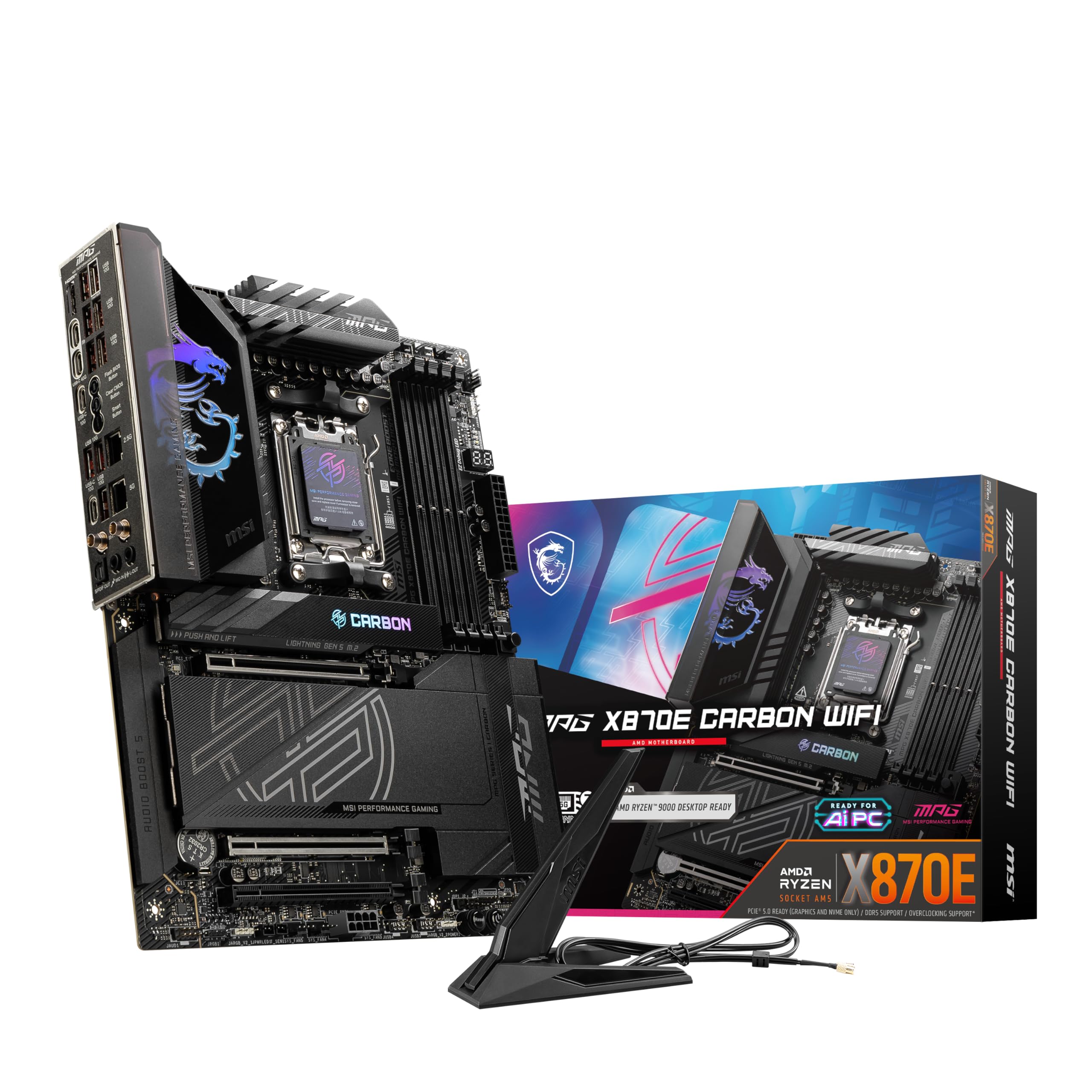 Photo 1 of MSI MPG X870E Carbon WiFi Gaming Motherboard (AMD Ryzen 9000/8000/7000 Series Processors, AM5, DDR5, PCIe 5.0, M.2 Gen5, SATA 6Gb/s, USB 40Gbps, HDMI, Wi-Fi 7, Bluetooth 5.4, 5Gbps LAN, ATX)