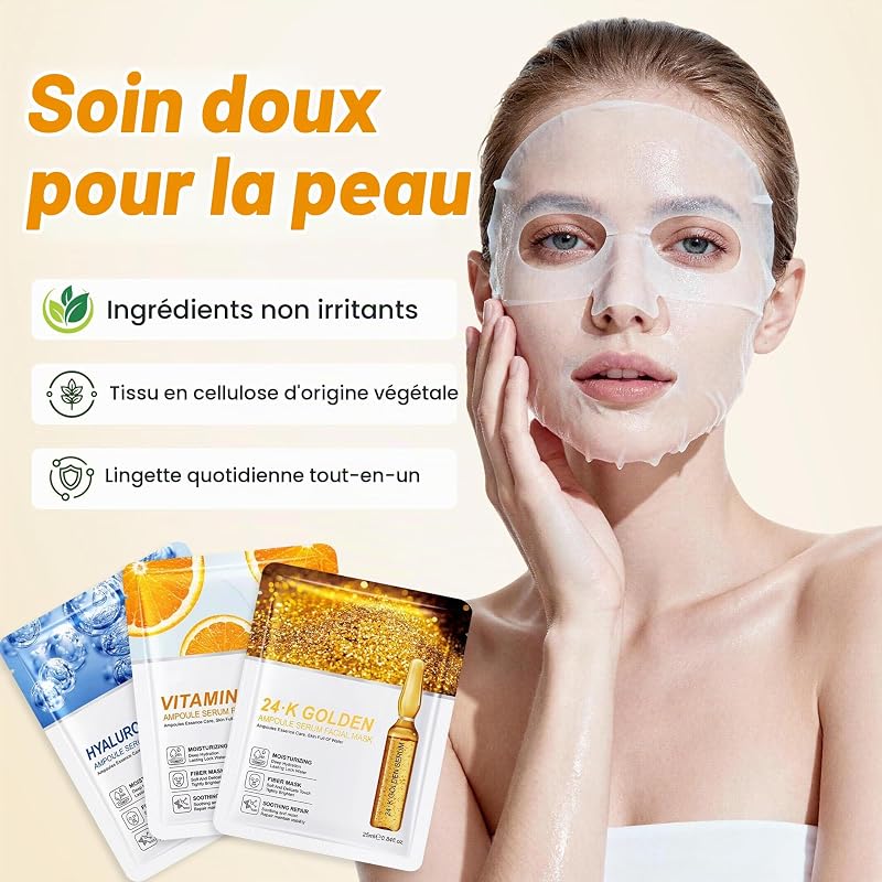 Masque Visage Anti Ride,15PC Masques Acide Hyaluronique+Vitamine C +Or 24K pour le Visage, Masque Hydratant Visage,Anti-âge,Coffret Cadeau Masque Tissu Visage Femme et Homme