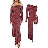 Popilush Shapewear Maxi Dress Women's Sparkly Off Shoulder Long Sleeve Formal Cocktail Dresses Bodycon Mermaid Dress