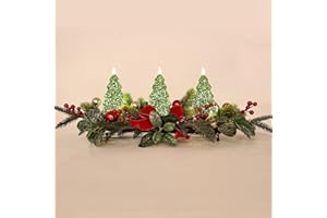 MOONET Christmas Table Centerpiece with LED Lights, Green Xmas Tree Decoration, Red Berry, Christmas Balls for Holiday Party, Home, Fireplace