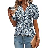 IECCP Womens Tops Puff Short Sleeve Shirts Dressy Casual Henley V-Neck Summer Tops Pleated T-Shirts Loose Fit Tunic Blouses