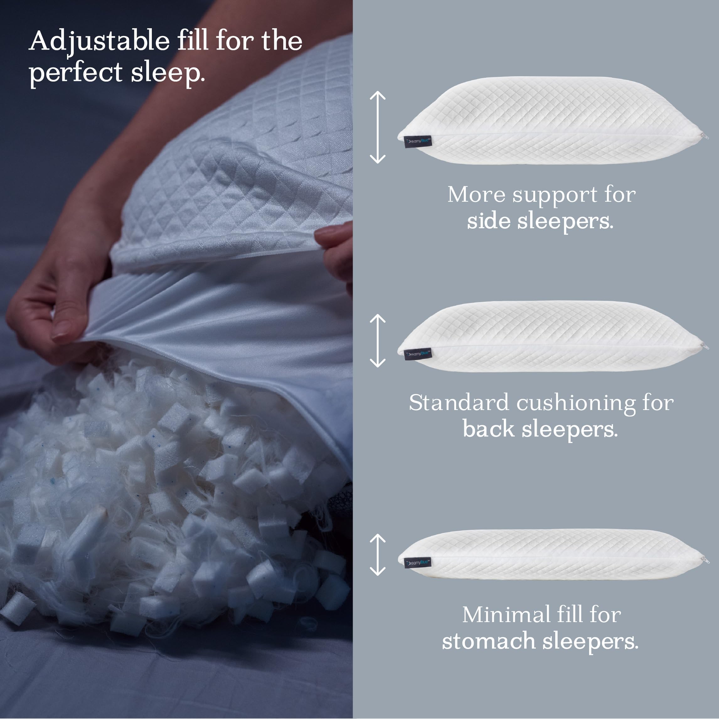 DreamyBlue Signature Pillow w/Adjustable Loft • Shredded Memory Foam Fill • Neutral Alignment for Side, Back, and Stomach Sleepers • Washable Bamboo Rayon Cover • CertiPUR-US Certified Foam (Queen)