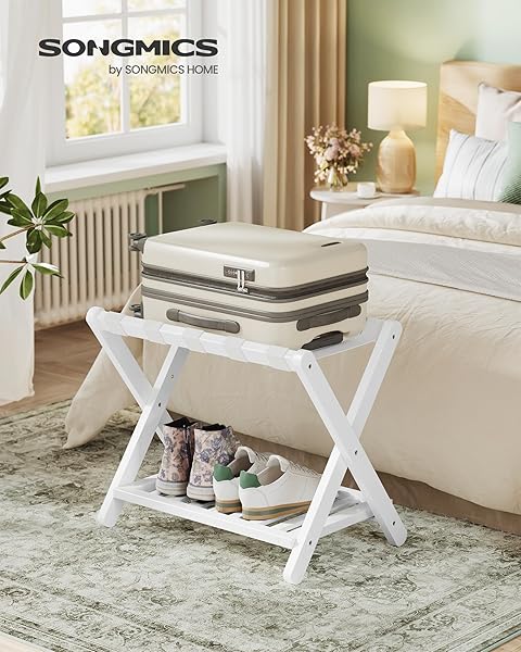 SONGMICS SOLID WOOD LUGGAGE RACK, NO ASSEMBLY REQUIRED, FOLDABLE SUITCASE STAND, LUGGAGE HOLDER, WITH STORAGE SHELF, FOR GUEST ROOM, HOTEL, BEDROOM, CLOUD WHITE URLR020W02