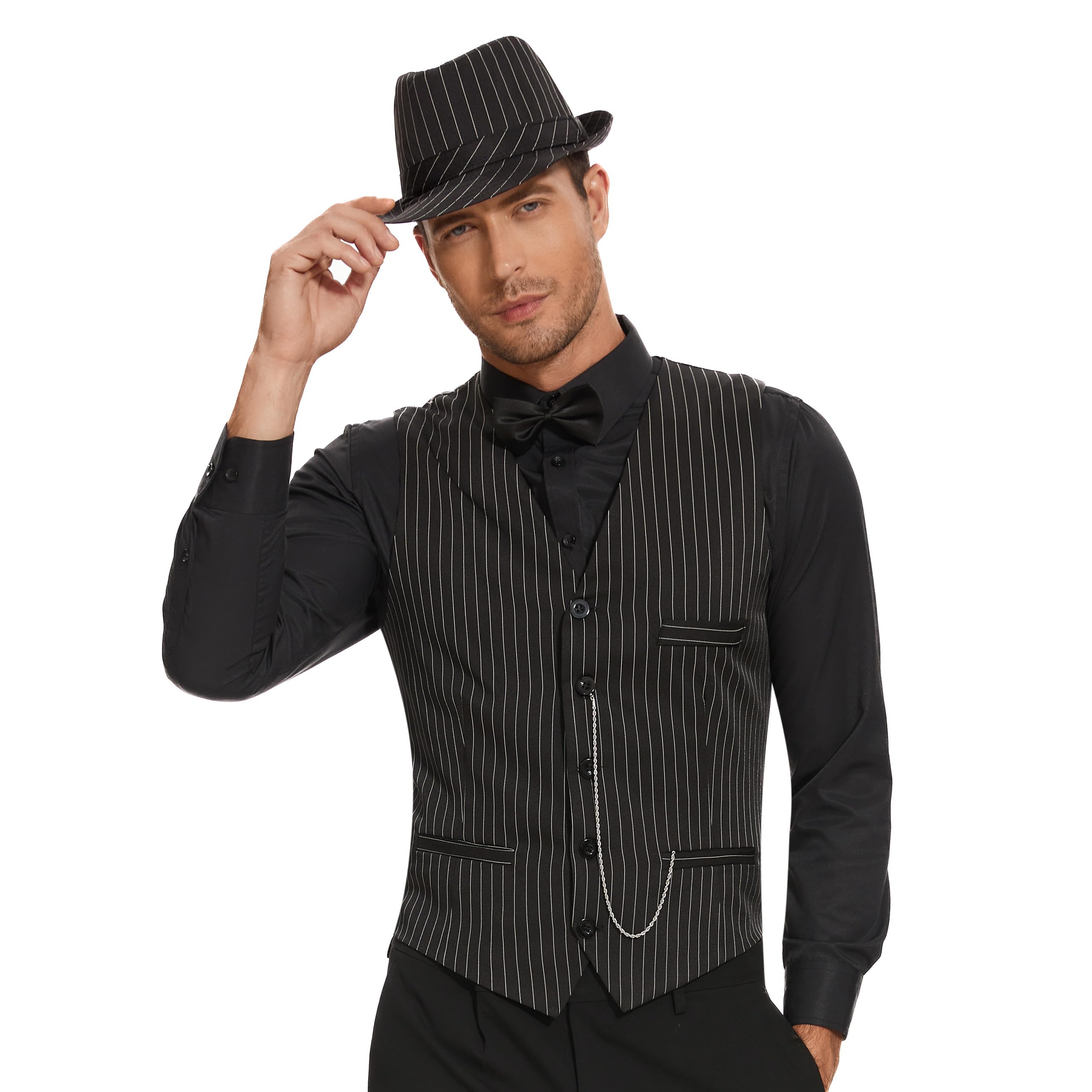 Blulu Jaren 20 herenkostuum 20s Halloween cosplay accessoires outfit met gangster vest hoed zakhorloge bretels (XL, blauw