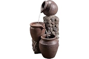 Teamson Home Staked Pots 3 Tiered Floor Waterfall Fountain with Pump for Outdoor Patio Garden Backyard Decking, 27 Inch Height, Stone Gray