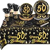 Durony 50th Birthday Party Supplies - 170 Piece Set with Plates, Cups, Napkins, Cutlery, Plastic Tablecloth