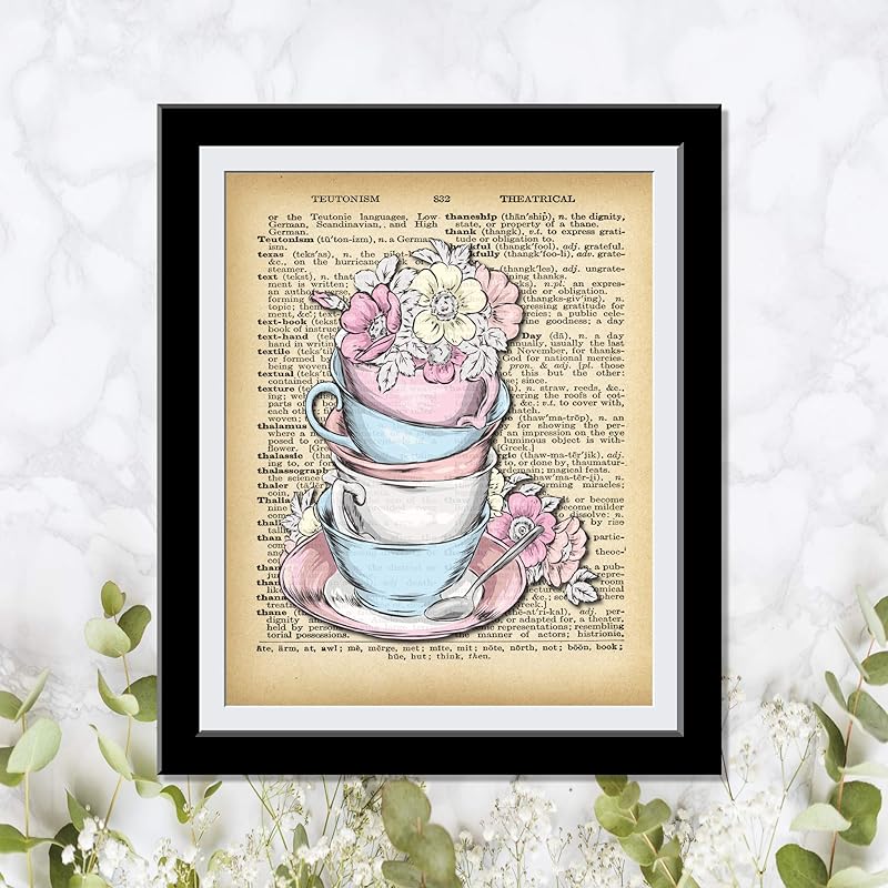 Whimsical Teacup Dictionary Wall Art Prints - Fantastic House Warming Christmas Holidays - Decor Vintage Print Dictionary Wall Art Pictures Paintings UnFramed…