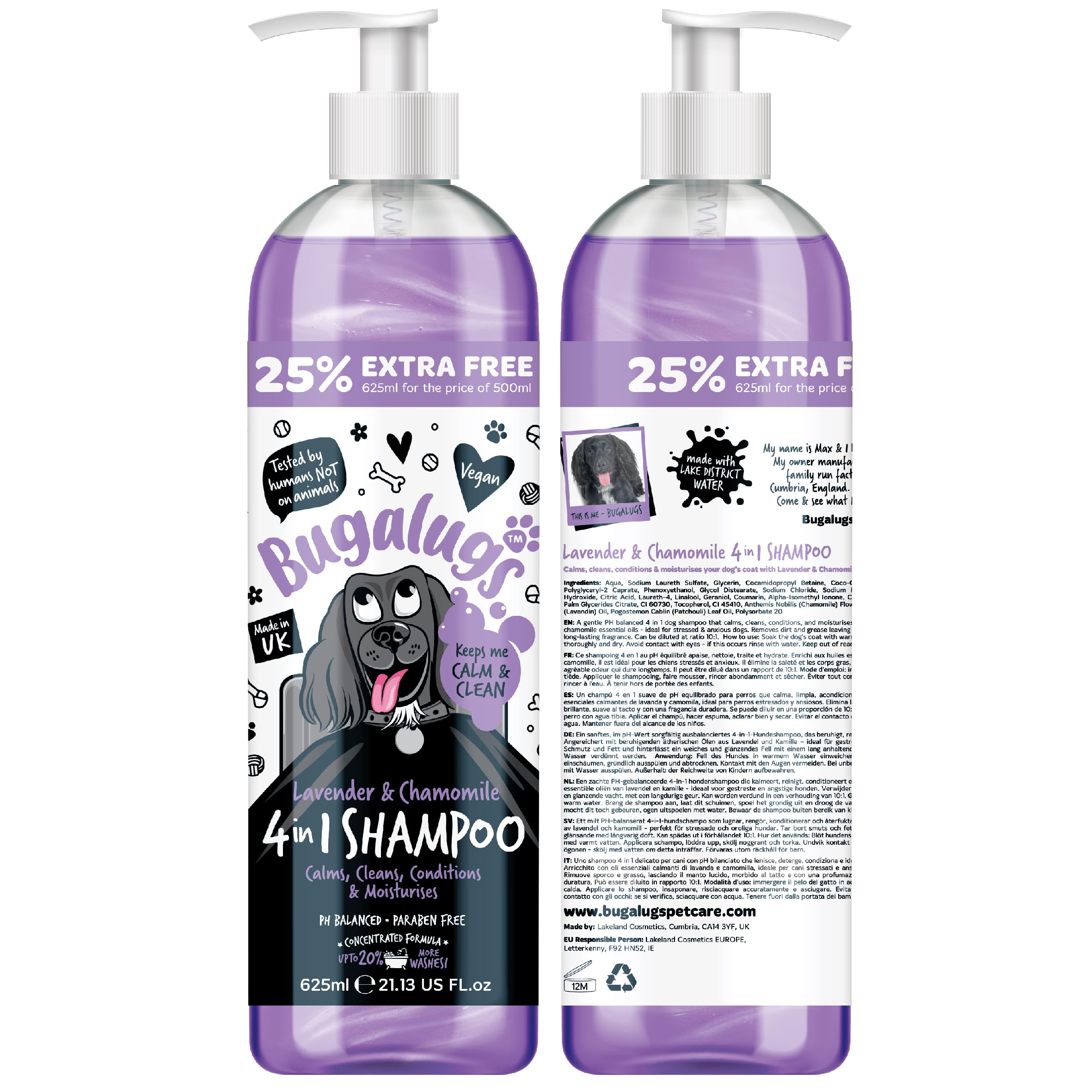 Bugalugs Lavender & Chamomile 4-in-1 Dog Shampoo and Conditioner - Professional Pet Grooming for Smelly Puppies - Vegan Formula (625ml)