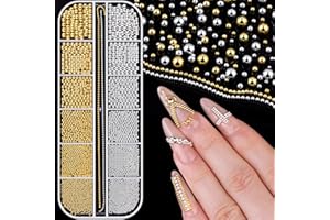 BELLEBOOST 1-3MM Mini Small Nail Beads Metal Caviar Bead Silver Gold Nail Charms and Gems Ball, Nail Chain for Nail Art Accessories Supplies Gold Rhinestones for Women Manicure